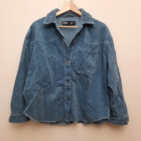 Zara Corduroy Oversized Button Frayed Hem Long  Sleeve Shirt - Picture 6 of 8